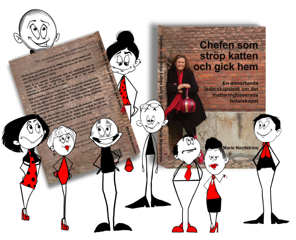 Illustrationer och grafisk form kopplade till boken Chefen som ströp katten och gick hem, skapade för Marie Nordström
