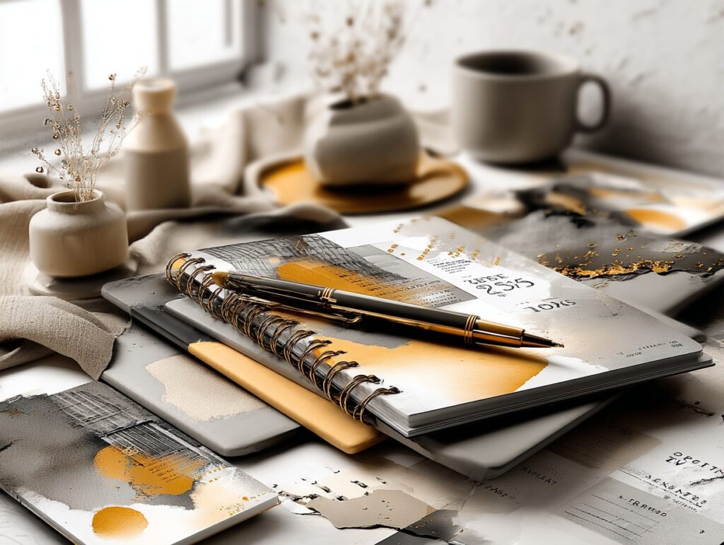 Stilleben med anteckningsbok, kaffe och kreativa verktyg i mjukt dagsljus.