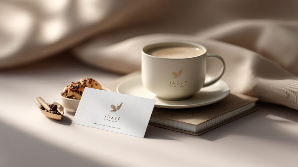 Minimalistisk brandingbild med logotyp på visitkort, kopp och lugn beige färgskala som symboliserar en genomtänkt visuell grund.