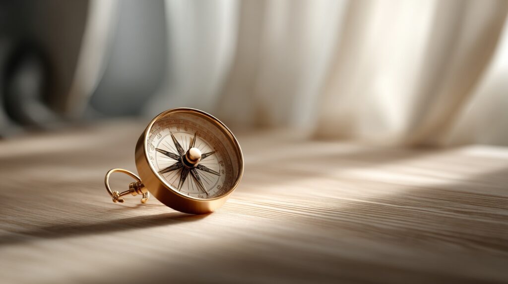 Kompass placerad på träyta i mjukt naturligt ljus, symbol för riktning och vägval.