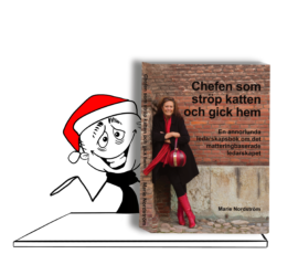 Illustration och bokomslag kombinerade i ett visuellt uttryck för boken Chefen som ströp katten och gick hem Illustration i kombination med bokomslag till boken Chefen som ströp katten och gick hem, skapad för Marie Nordström