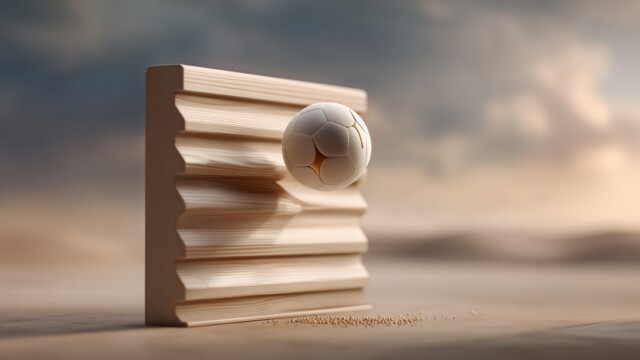 Ett bollplank för tankar, idéer och beslut. Fotboll som studsar mot ett träplank i lugn miljö, symbol för bollplank och idéutbyte.