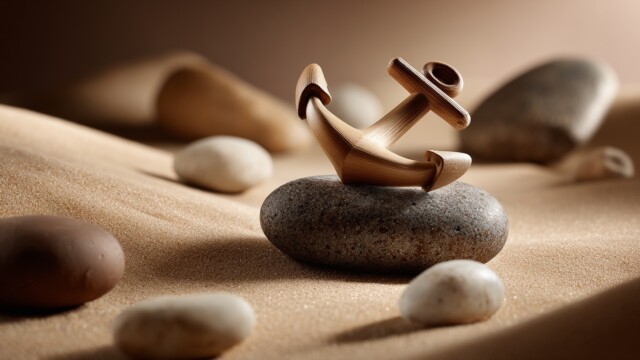 Ett kreativt ankare över tid. Ankare vilande på sten i mjukt ljus, symbol för stabilitet och långsiktigt stöd.