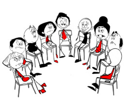 Illustration i streckgubbsstil som visualiserar gruppdynamik och samtal i bokprojektet Chefen som ströp katten och gick hem Streckgubbsillustration av en grupp människor i samtal, framtagen till boken Chefen som ströp katten och gick hem för Marie Nordström